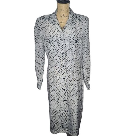 Vintage 80s 90s Gray Black Abstract Dot Long Sleeve Dress - Picture 1 of 12